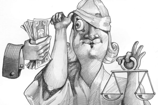 a hand offers money to justice and she moves the bandage to look greedy political cartoon